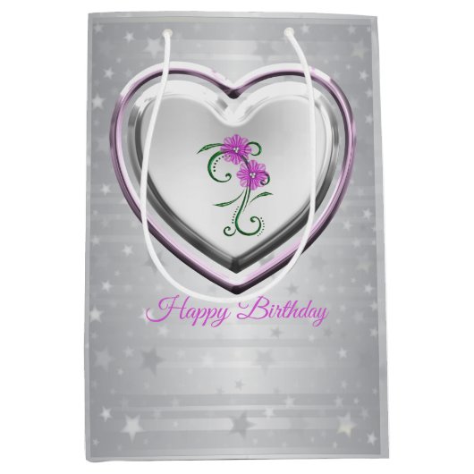 Zilveren hart en paarse bloemen medium cadeauzakje (Voorkant)