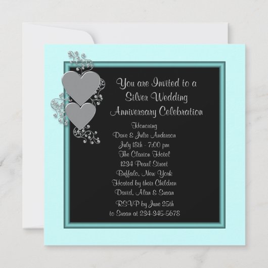 Zilveren Hartjes Turquoise Zilver 25e Jubileumfees Kaart (Achterkant)