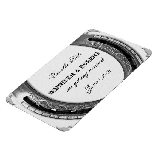 Zilveren Hoefijzer op witte bruiloft Save the Date Magneet (Linkerzijde)