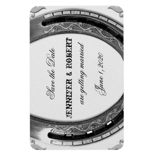 Zilveren Hoefijzer op witte bruiloft Save the Date Magneet (Verticaal)