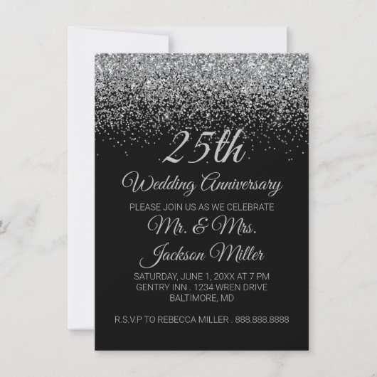 Zilveren Huwelijksjubileum Uitnodiging met Glitter (Voorkant)