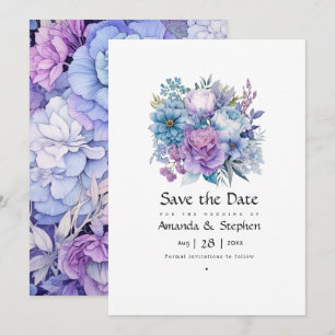 Zilveren, Ijsblauwe en Lila Bloemen Bruiloft Save The Date