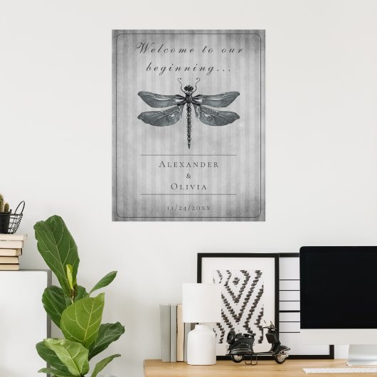 Zilveren Jeweled Dragonfly bruiloft Welkom Poster (Thuiskantoor)