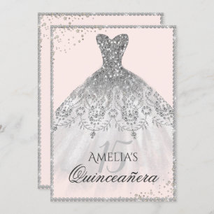 Zilveren jurk Sparkle 15e Quinceanera uitnodiging