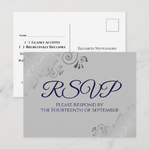 Zilveren Kant Elegant Marineblauw op Grijze Trouw  Briefkaart