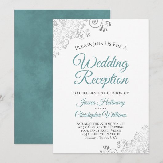 Zilveren Kant Teal & Witte Elegante Trouwreceptie Kaart (Voorkant / Achterkant)