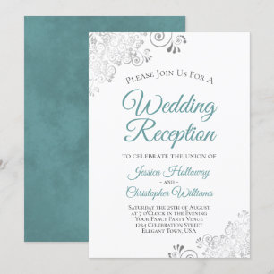 Zilveren Kant Teal & Witte Elegante Trouwreceptie Kaart