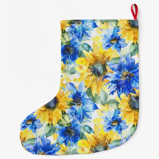 Zilveren Kerst Blauw Gele Bloemen Grote Kerstsok (Achterkant)