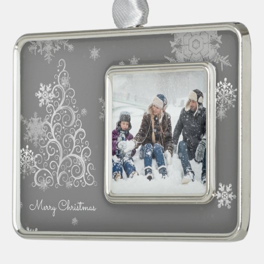 Zilveren kerstboom en sneeuwvlokken verzilverd kader ornament (Links)