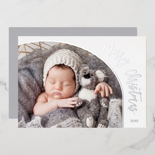 Zilveren Kerstkaart met Script Folie Feestdagenkaart (Voorkant / Achterkant)