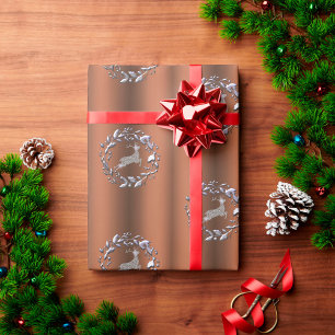 Zilveren kerstrendiertje in Bronze Cadeaupapier