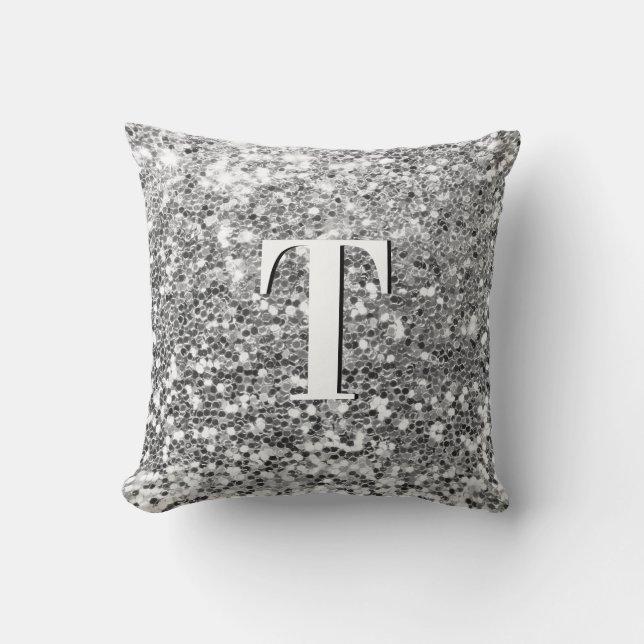 Zilveren Klungelige Glitter Monogram Kussen (Voorkant)