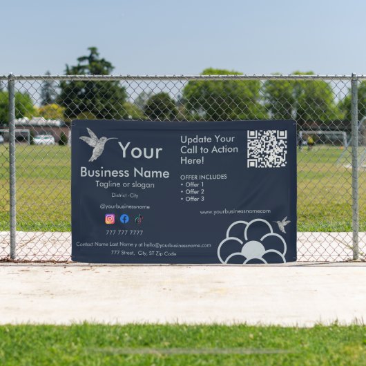 Zilveren kolibrie Logo QR Code Navy Blue Business Spandoek (Insitu)