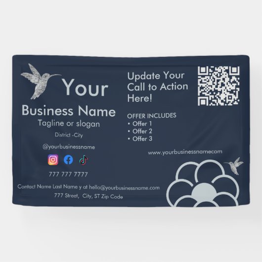 Zilveren kolibrie Logo QR Code Navy Blue Business Spandoek (Horizontaal)