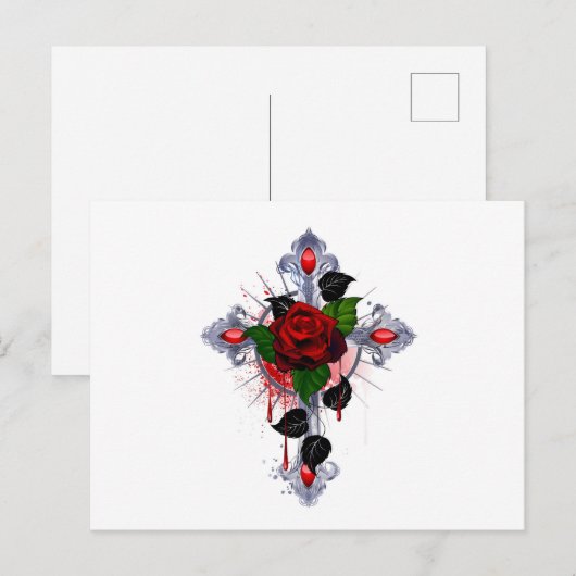 Zilveren Kruis met een Rode Roos Briefkaart (Voorkant / Achterkant)