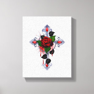 Zilveren Kruis met een Rode Roos Canvas Afdruk
