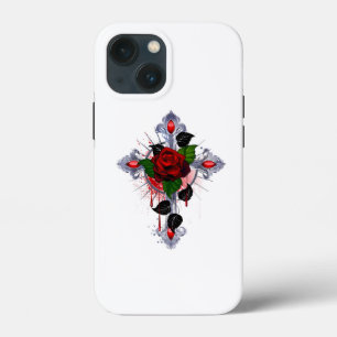 Zilveren Kruis met een Rode Roos iPhone 13 Mini Hoesje