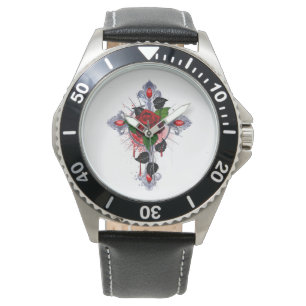 Zilveren Kruis met een Rode Roos Horloge