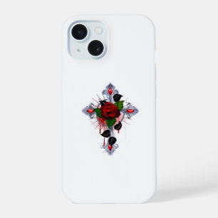 Zilveren Kruis met een Rode Roos iPhone 15 Hoesje