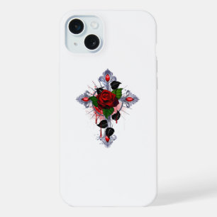 Zilveren Kruis met een Rode Roos iPhone 15 Plus Case