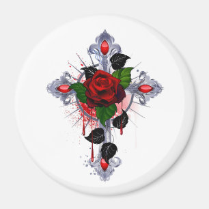 Zilveren Kruis met een Rode Roos Magneet