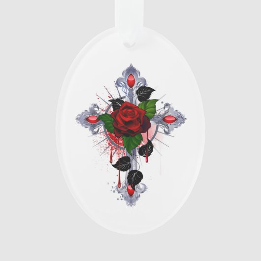 Zilveren Kruis met een Rode Roos Ornament (voorkant)