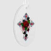 Zilveren Kruis met een Rode Roos Ornament (voorkant)