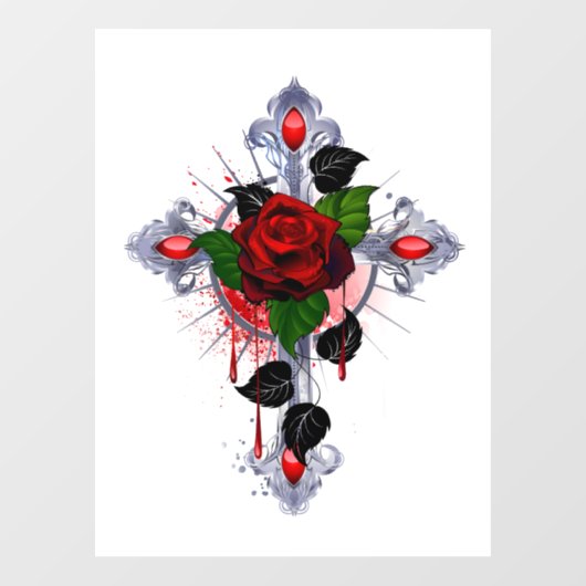 Zilveren Kruis met een Rode Roos Raamsticker (Vel)