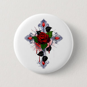 Zilveren Kruis met een Rode Roos Ronde Button 5,7 Cm