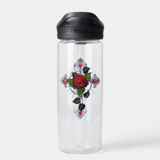 Zilveren Kruis met een Rode Roos Waterfles (Achterkant)