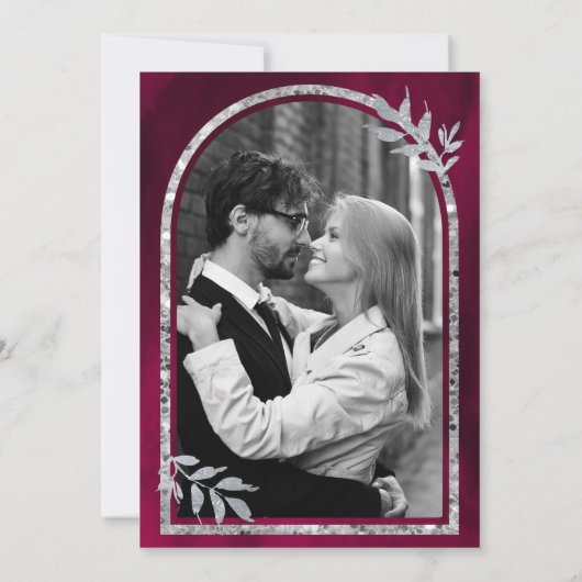 Zilveren Laurel Krans Verlaat Fuchsia Roze Huwelij Save The Date (Achterkant)