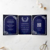 Zilveren lauwerkrans verlaat Royal Blue Wedding Drieluik Uitnodiging (Binnen)