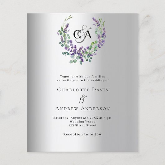 Zilveren lavendel bloemen monogram bruiloft uitnod (Voorkant)