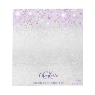 Zilveren lavendel glitter monogram initialen naam notitieblok
