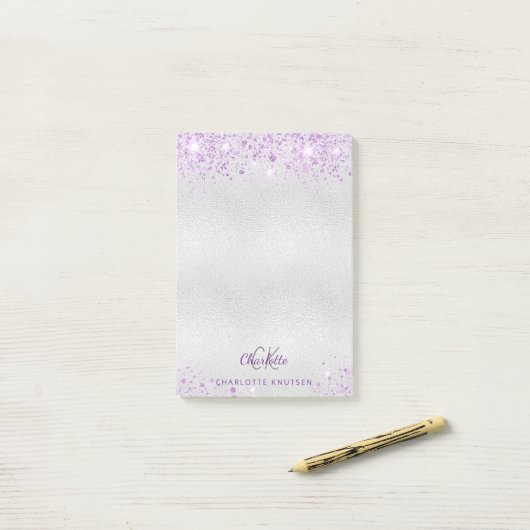 Zilveren lavendel glitter monogram initialen naam post-it® notes (Op bureau)