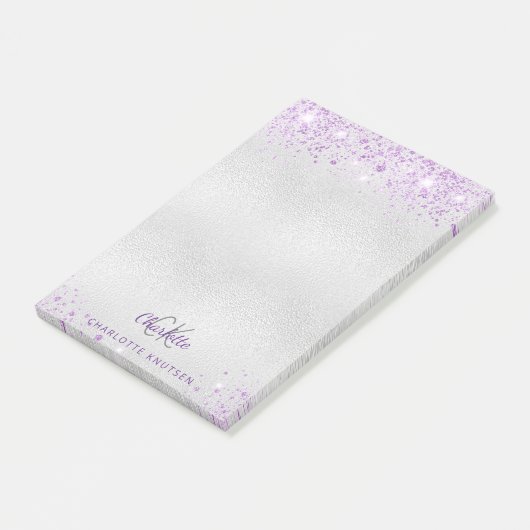 Zilveren lavendel glitter monogram initialen naam post-it® notes (Schuin)