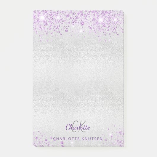 Zilveren lavendel glitter monogram initialen naam post-it® notes (Voorkant)