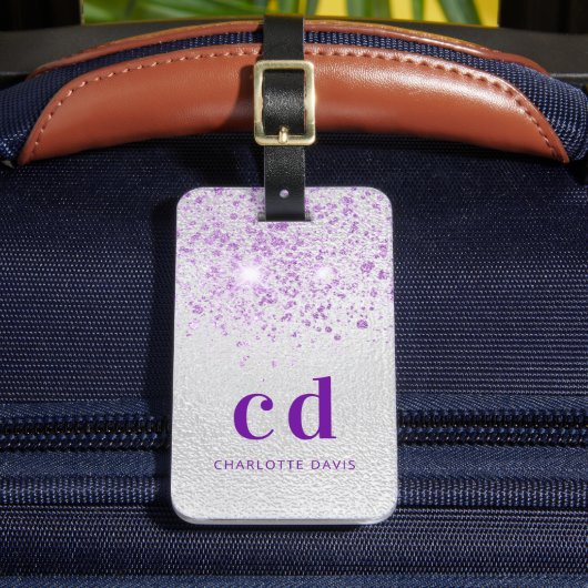 Zilveren lavendel glitter monogram naam bagagelabel (Voorkant Insitu 2)
