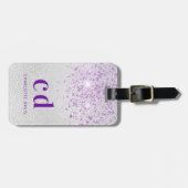 Zilveren lavendel glitter monogram naam bagagelabel (Voorkant horizontaal)