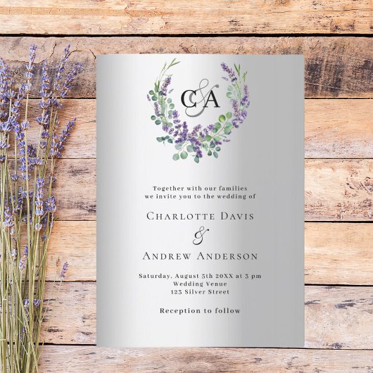 Zilveren lavendel violette bloemen monogram bruilo kaart