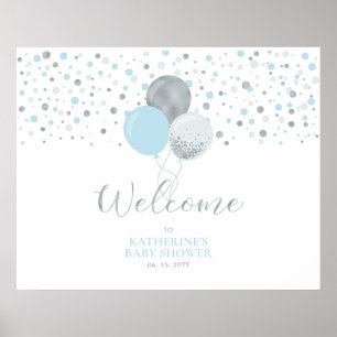 Zilveren & Lichtblauwe Ballonnen   Welkom Baby Sho Poster