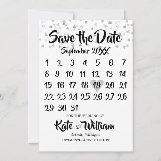 Zilveren Liefdeshartjes Confetti Kalender Bewaar d Save The Date (Voorkant)