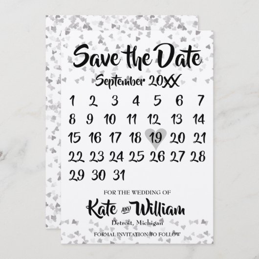 Zilveren Liefdeshartkalender Bewaar de Datum Save The Date (Voorkant / Achterkant)