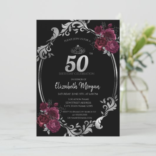 Zilveren Lijst Bourgondische Rozen Zwart 50ste Ver Kaart (Staand voorkant)