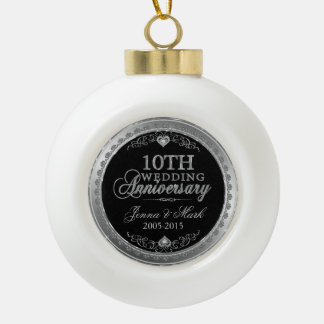 Zilveren Lijst & Harten 10e bruiloft Jubileum Keramische Bal Ornament