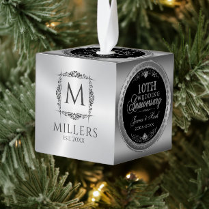 Zilveren Lijst & Harten 10e bruiloft Jubileum Kubus Ornament