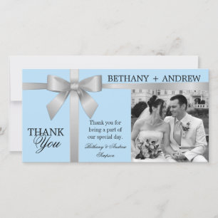 Zilveren lint en lichtblauwe trouw-thank you bedankkaart