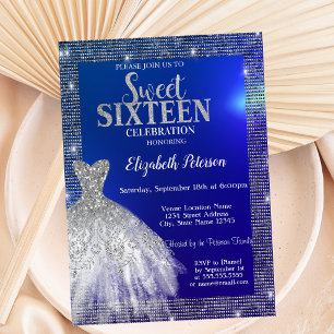 Zilveren lovertjes, jurk blauwe Sweet 16 Kaart