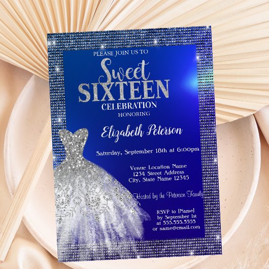 Zilveren lovertjes, jurk blauwe Sweet 16 Kaart