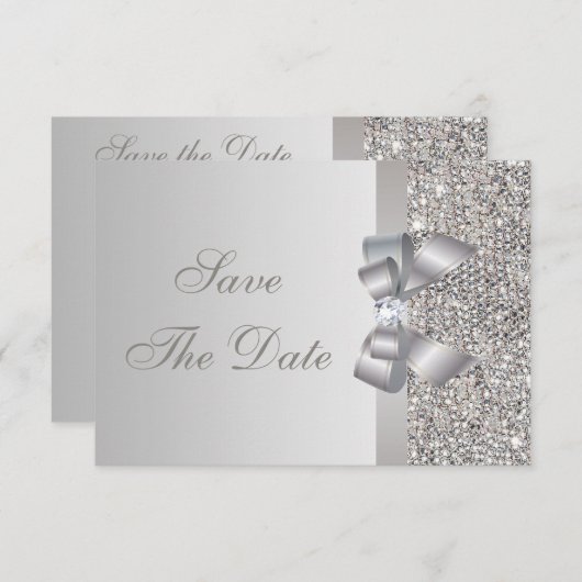 Zilveren lovertjes, strik en diamant save the date (Voorkant / Achterkant)